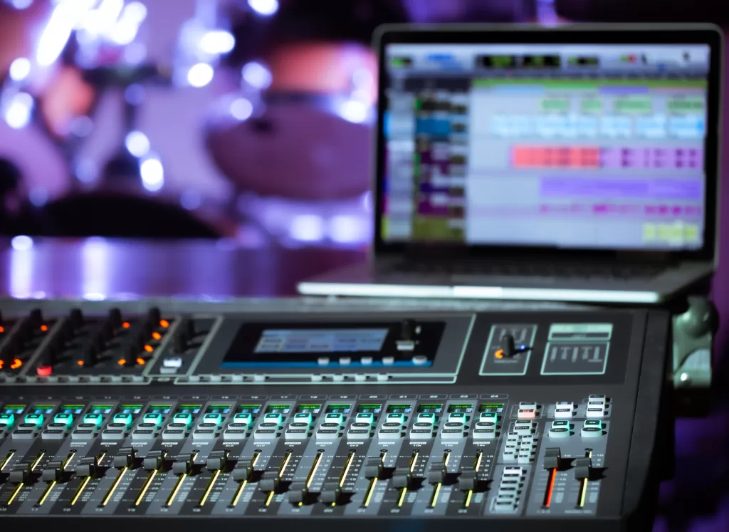 Professional audio mixer, microphones, and DJ equipment