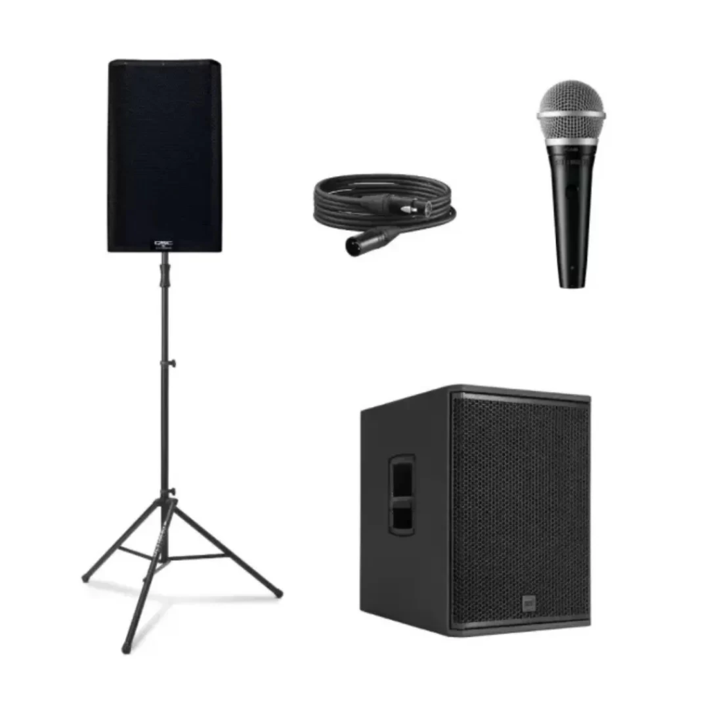QSC K12.2 basic sound package with two speakers, subwoofer, stands, microphone, and cables