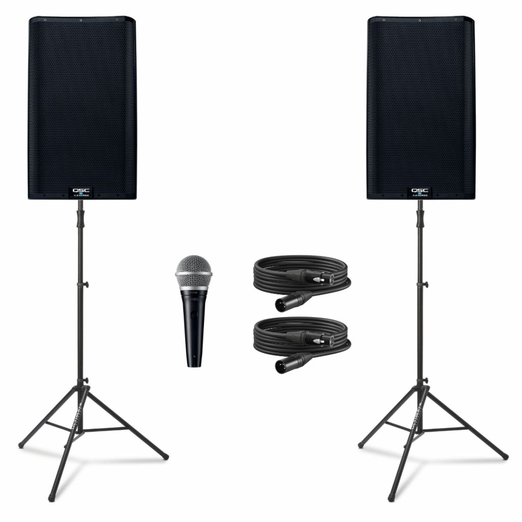 QSC K12.2 event sound package with two speakers, stands, microphone, and cables