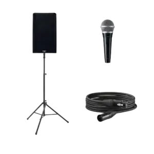 QSC K12.2 speaker package with powered speaker, stand, microphone, and cable
