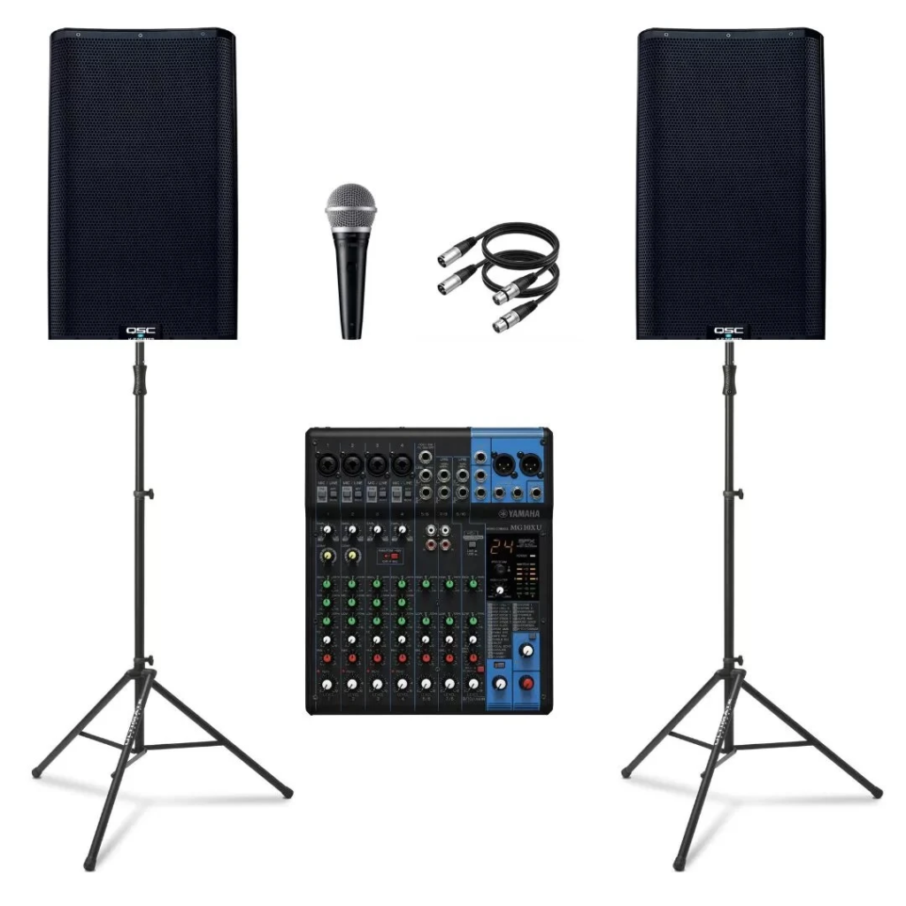 Popular music sound package with two QSC speakers, mixer, stands, microphone, and cables