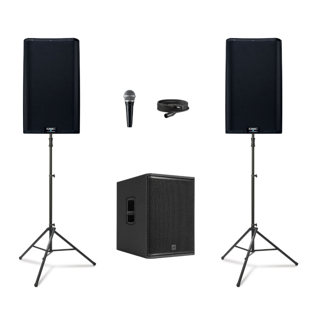 QSC deluxe sound package with two QSC speakers, RCF subwoofer, stands, microphone, and cables