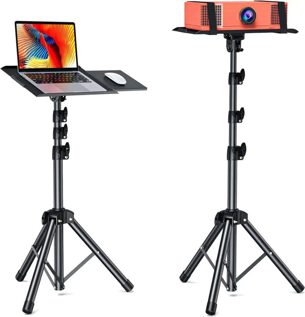 Foldable projector tripod stand with laptop and projector examples